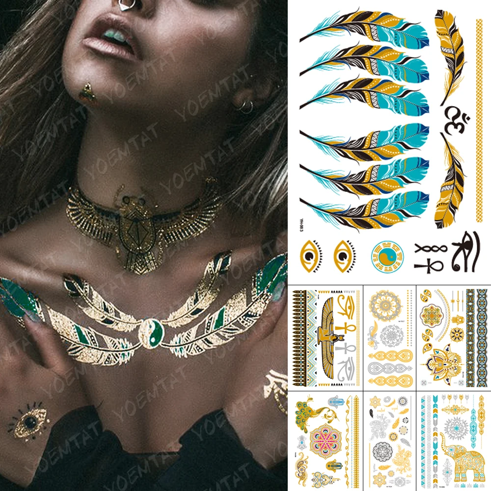 

Waterproof Temporary Tattoo Sticker Green Feather Eyes Gold Silver Metallic Flash Tatoo Boho Lotus Party Jewelry Glitter Body Ar