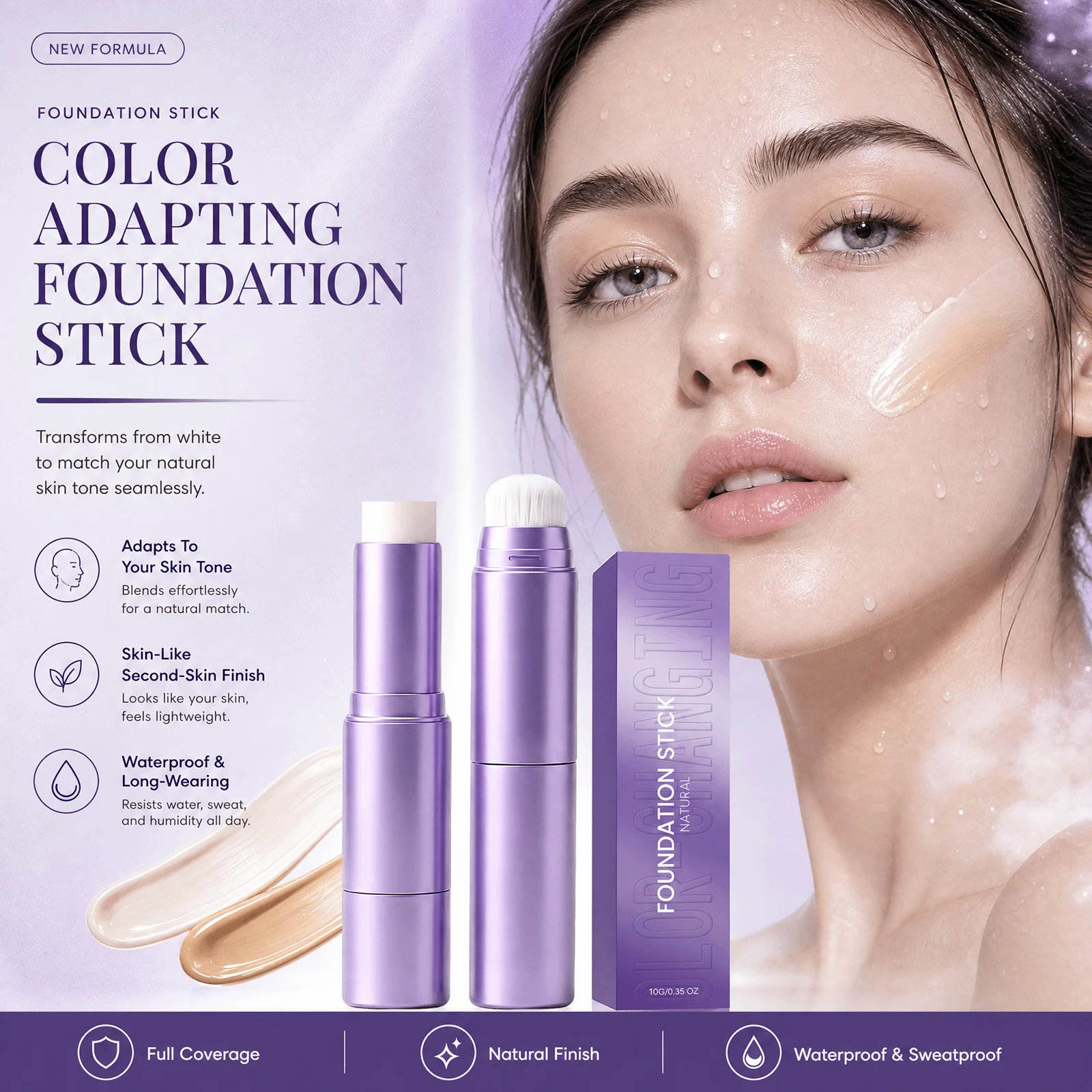2-in-1 Color Changing Foundation Stick Natural Flawless Finish Lightweight Smooth Face Makeup Buildable Coverage for All Skin