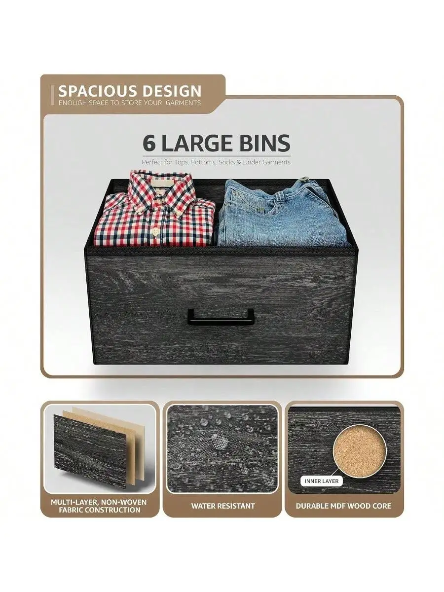 Sorbus Dresser with 6 Faux Wood Drawers - Chest Organizer Unit with Steel Frame Wood Top and Handle Easy Pull Fabric Bin 5