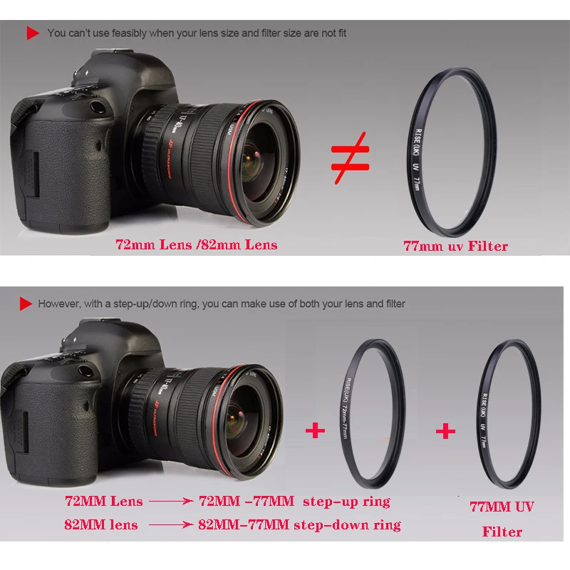 9pcs 37-82mm Lens Step Up Filter Ring Adapter Set 37 49 52 55 58