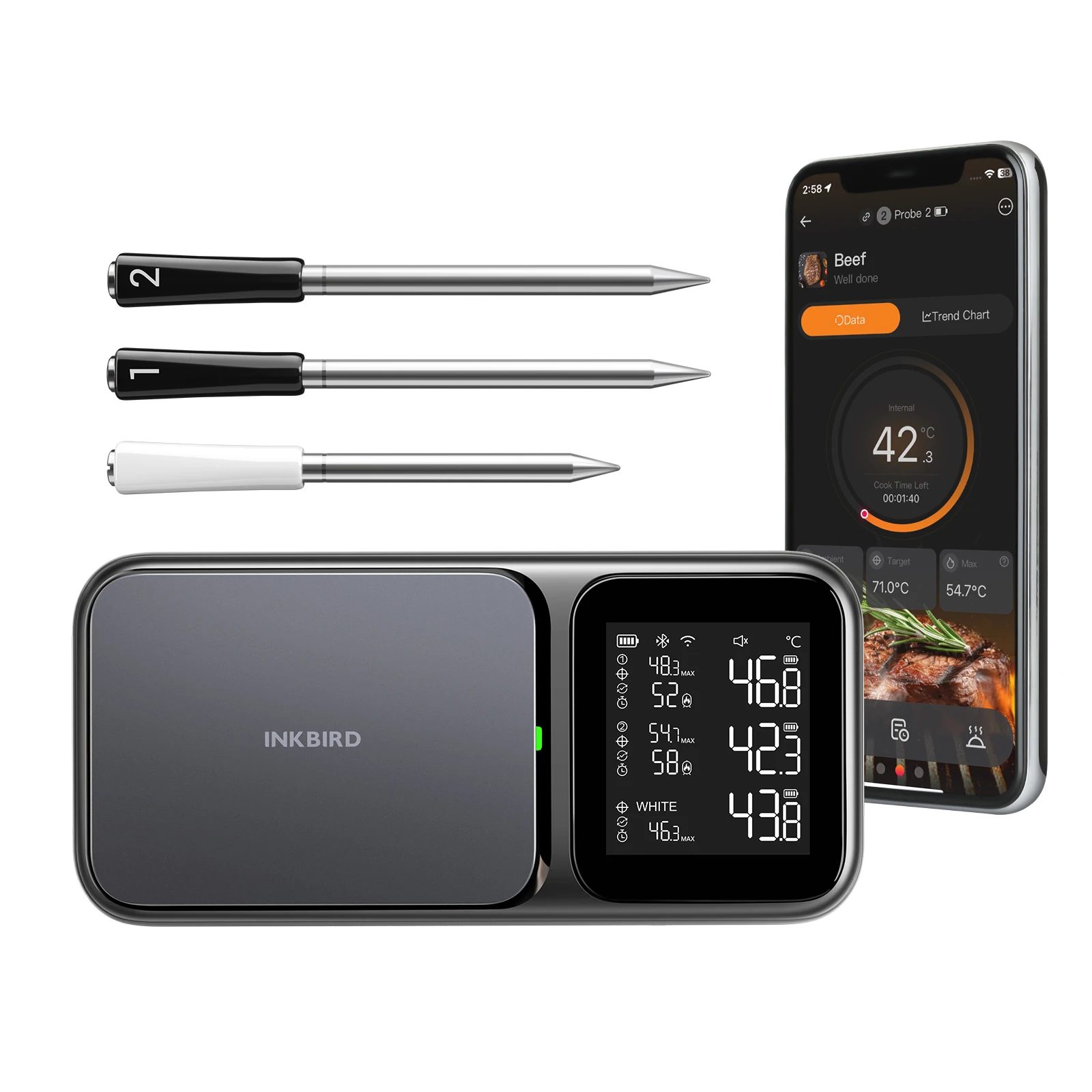 INKBIRD WiFi 5G & Bluetooth 5.4 Kabelloses Fleischthermometer mit 3 Sonden, KI-Kalibrierung, ±0,5 ° F-Genauigkeit, 25-Stunden-Akku, für Grillen - AliExpress 1420