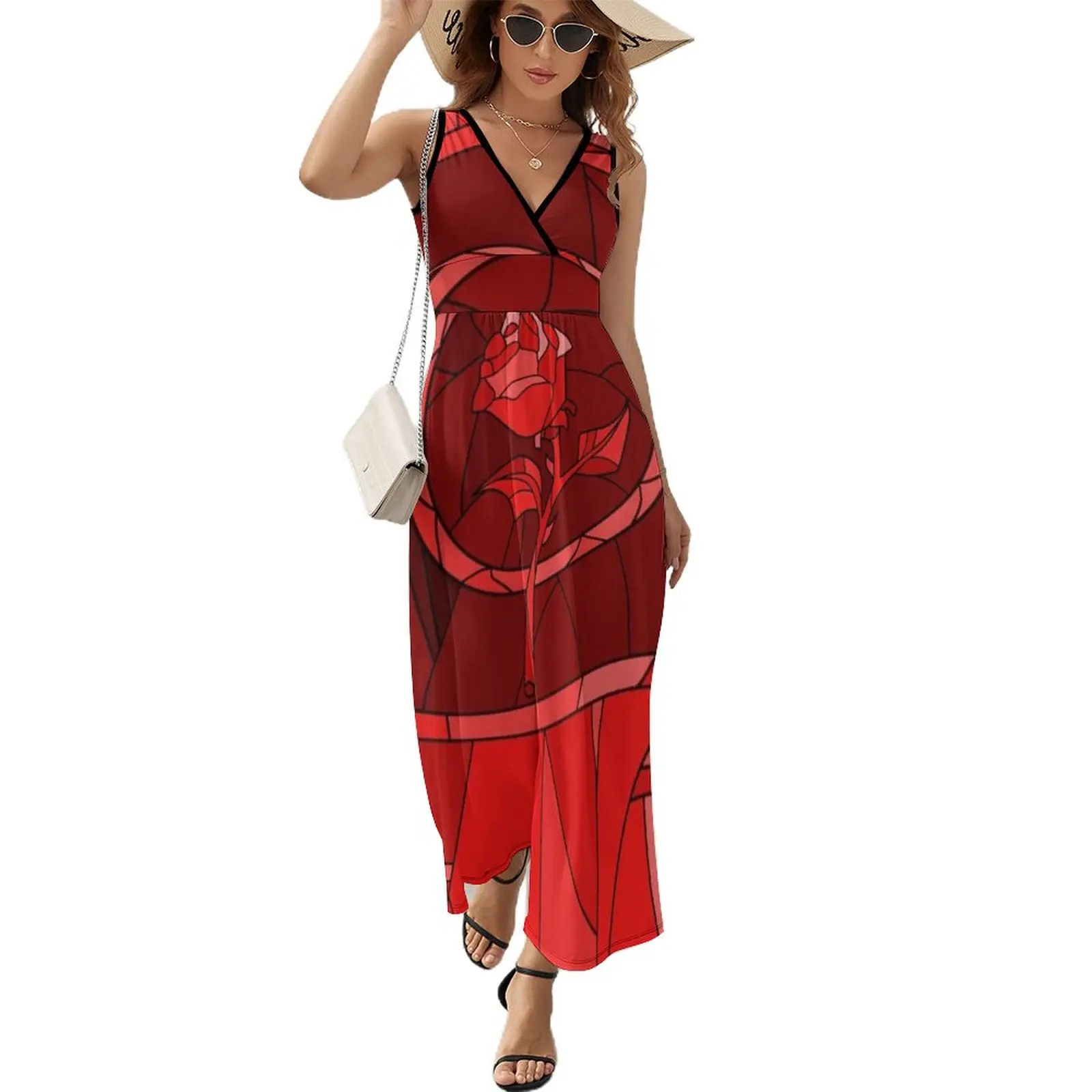 

Stained Glass Rose Red Sleeveless Dress Woman's evening dress long dresses for women