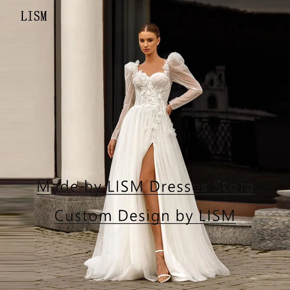 

LISM Sweetheart A-line Appliques Princess Side Slit Tulle Bride Gown Corset Boning Court Train Backless Wedding Party Dresses