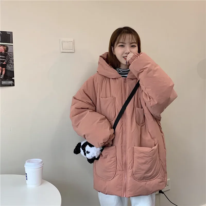 Women Thick Quilted Jackets Winter Warm Hooded Loose Cotton Coats Autumn Female Solid Color Casual Outwear Overcoat with Pockets