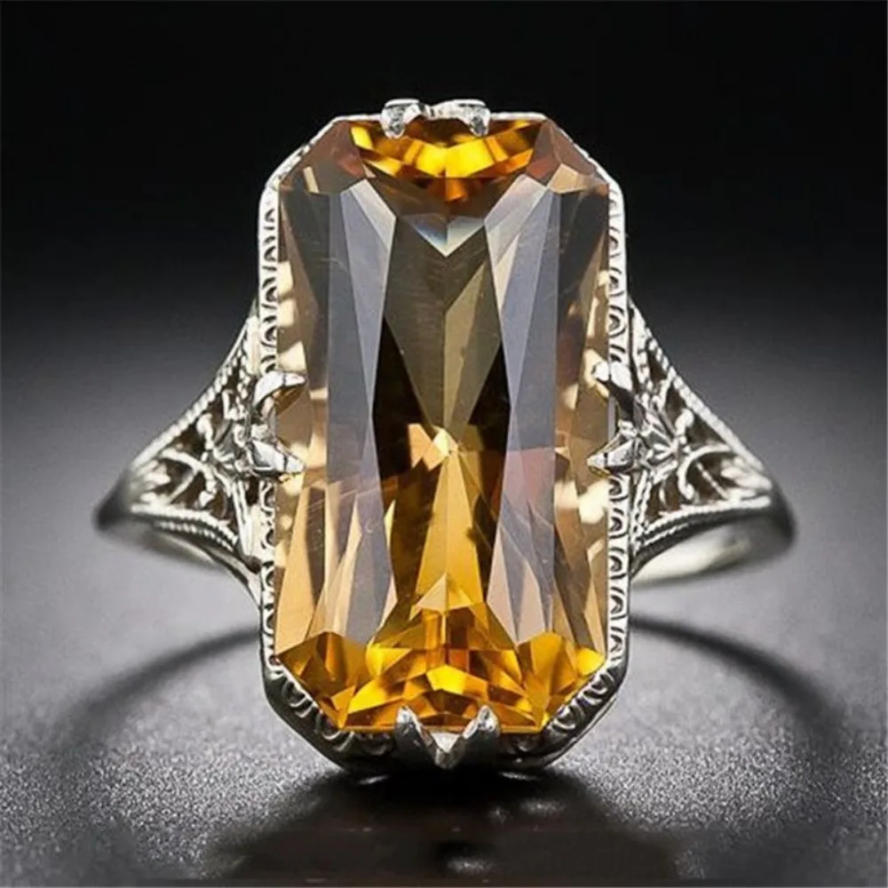 

Fashion Women Ring 925 Silver Jewelry with Citrine Zircon Gemstone Gold Color Open Finge Rings for Wedding Party Gifts