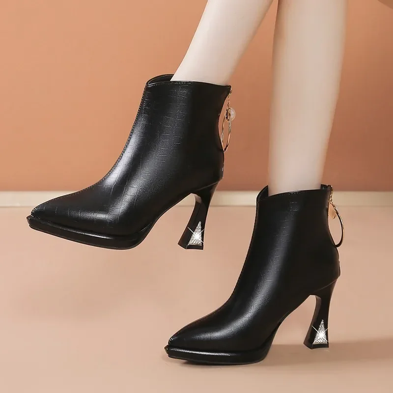 

Leisure Ankle Boots Women Shoes Winter Pointed Toe Classic Shoes Woman Thin High Heels Solid Bling Leather Modern Boots Zapatos