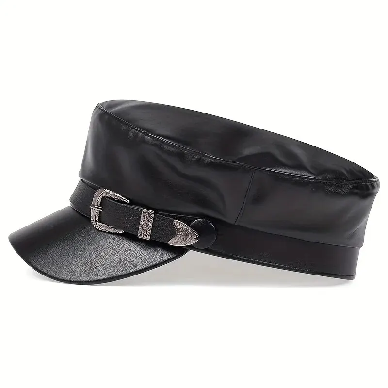 Fashion Women Large Belt Buckle Leather Hat Spring Autumn Sailor Hats Black Ladies Beret Caps Men Flat Top Captain Military Caps Sports & Entertainment