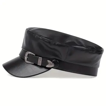 Buckle Faux Leather Military Cap 2