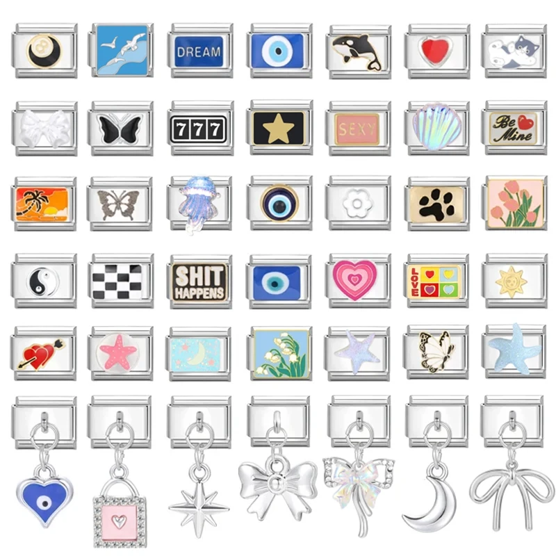 Italian Charm Links Fashion Devil Eyes Cats Tai Chi Heart Star Flowers Stainless Steel Fit 9mm Bracelet Jewelry Diy Making Gifts