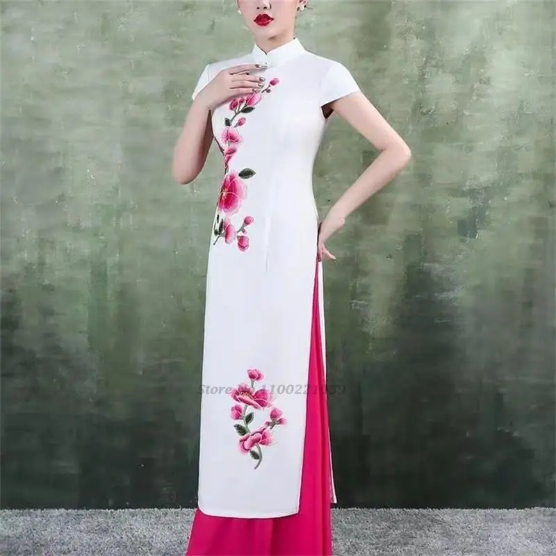 

2024 ao dai cheongsam dress elegant flower embroidery aodai oriental dress qipao vietnam ao dai dress elegant party dress qipao