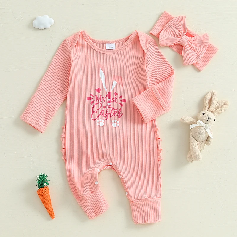 Pudcoco Baby Girls Rompers Easter Clothes Letter Rabbit Print Frills Infant Bodysuits Jumpsuits with Headband 0-6M