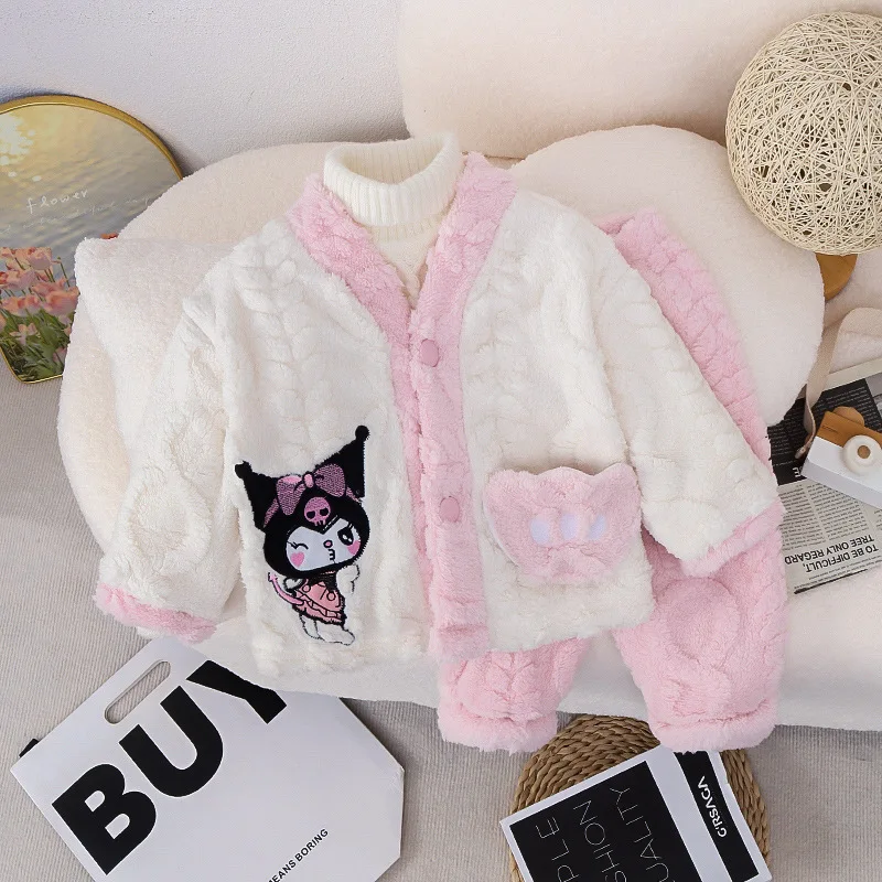 2 قطعة بيجامات الفتيات 2025 الخريف الشتاء سانريو كورومي الكرتون لطيف أنيمي الحلو الأطفال فتاة الفانيلا بدلة طفل ملابس المنزل الدافئة