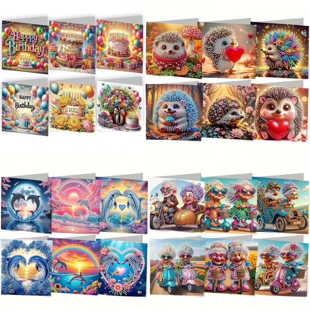 6-Piece/Set DIY Diamond Painting Birthday Card Set, Featuring Unique Flower, Bird, and Pattern Designs, Rhinestone Diamond Paint 1