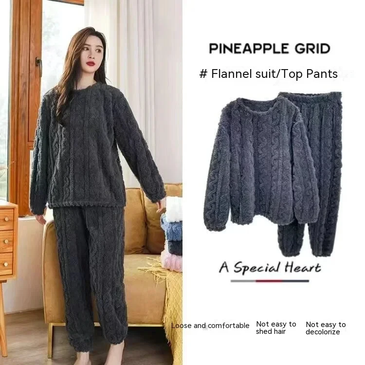 Ensemble pyjama épais et chaud en molleton de corail pour femme, vêtements de maison imprimés de dessins animés, vêtements de nu 6
