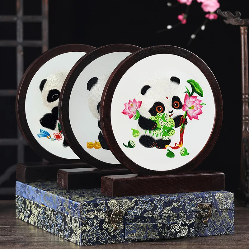 

Panda Shu Embroidery Double-Sided Embroidery Ornaments Hand-Embroidered Screen, Wenge Wood Lotus Insert Screen, Chengdu Special