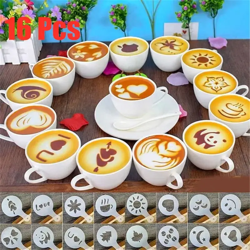 16Pcs/Set Coffee Mold Latte Cappuccino Barista Art Stencils Cake Duster Templates Coffee Accessories Milk Mold Coffe Decoration Cappuccino Mold