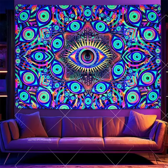 Blacklight Eyes Tapisserie Murale Réactive UV, Tapisseries Boho Mandala, Hippicopter, Trippy, Abstrait, Lumière Noire, Chambre 3
