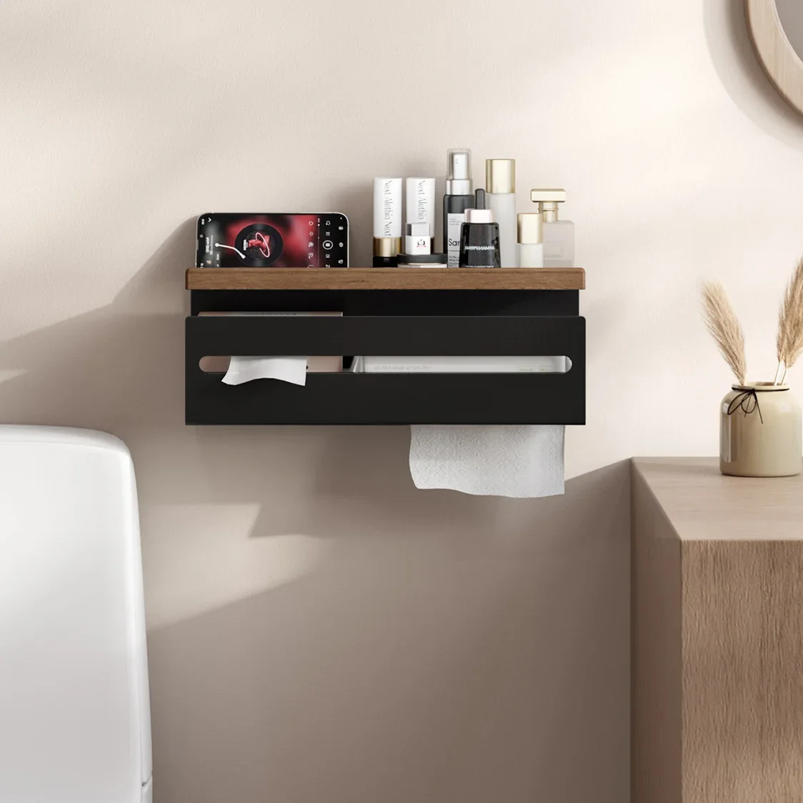 Walnut Wooden Paper Towel Holder Bathroom Toilet Paper Box No Drilling Handkerchief Face Wash Paper Holder Storage Rack 2