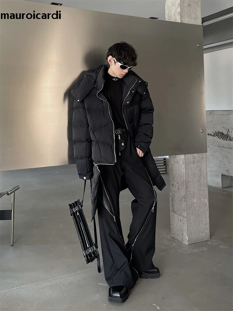 Men Trousers Leather Pants Mauroicardi Spring Autumn Pu Leather Patchwork Long Loose Many Zippers Luxury Designer