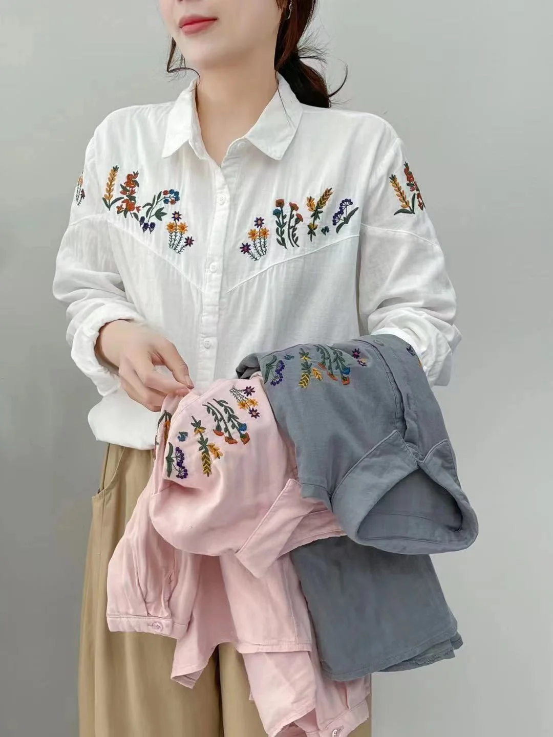 

100% Cotton yarn long sleeve blouses for women ethnic lapel embroider shirts large size tops korean style women clothing