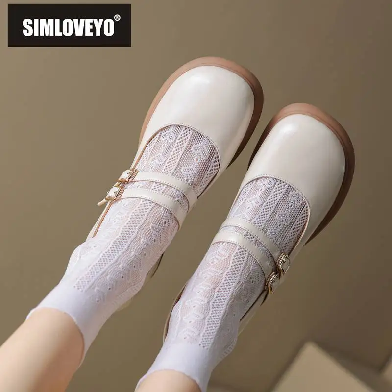 

SIMLOVEYO Design Shoes For Women Mary Jane Pumps Cow Leather Round Toe Chunky Heels 6cm Double Buckle Strap Sweet Dating S4636
