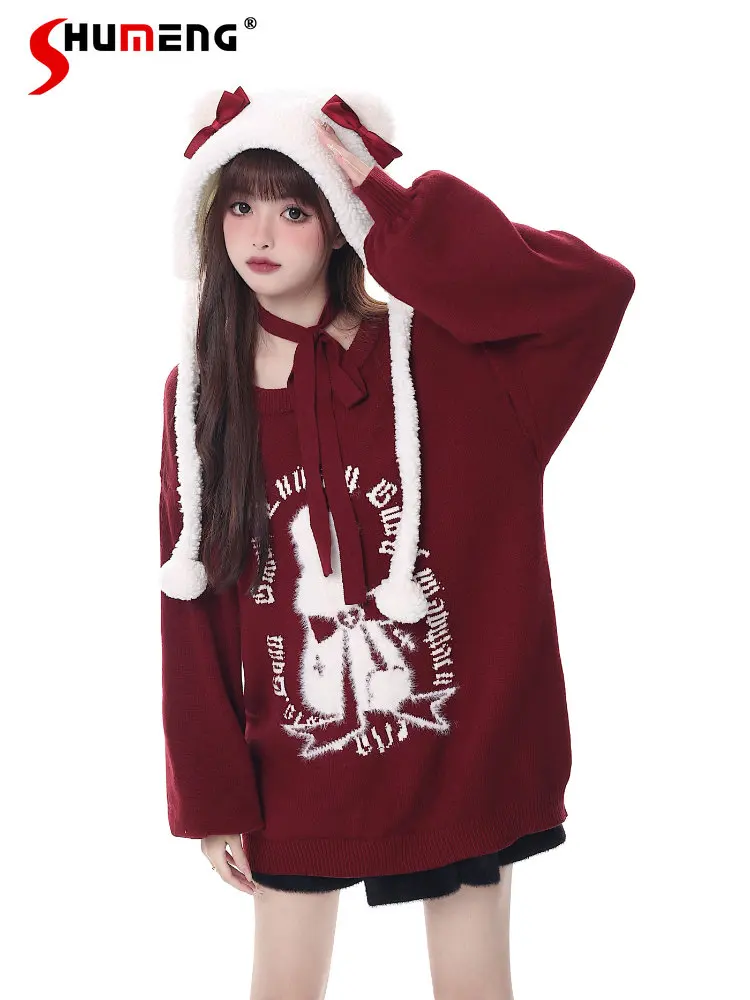 Рождественский-милый-черный-пуловер-вязаная-одежда-для-женщин-Осень-зима-2023-Оригинальные-милые-свитера-средней-длины-с-рукавами-фонариками-для-женщин