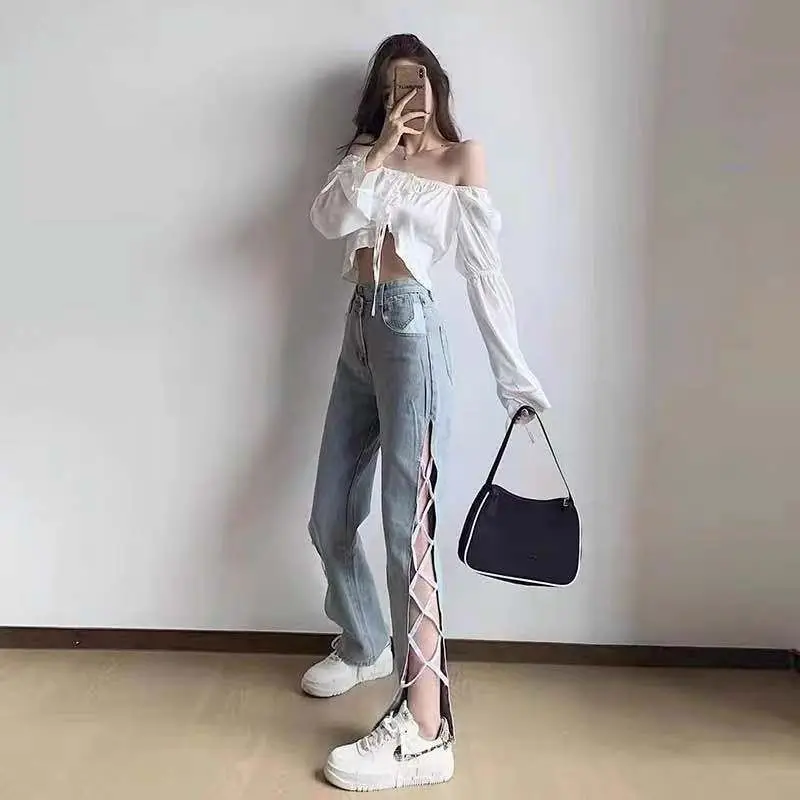 

New Fashion High Quality Niche Design Sense Sexy Hot Girl Street Style Jeans Women's Thin Jeans High Waist Wide Leg Jeans