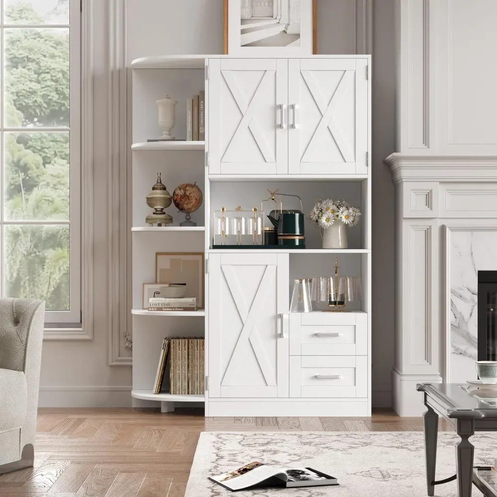 60.4" Farmhouse Kitchen Storage Cabinet, Freestanding Cabinet with Doors and Shelves, White 4