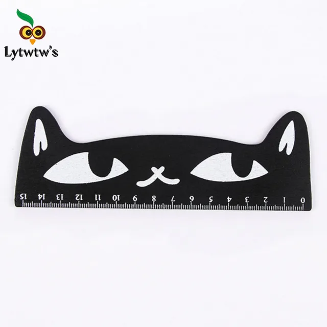 4 Piece Lytwtw s Cute Kawaii Black Cat Kitten Straight Ruler Wooden Tools Cartoon Drawing Office School Stationery Supplies