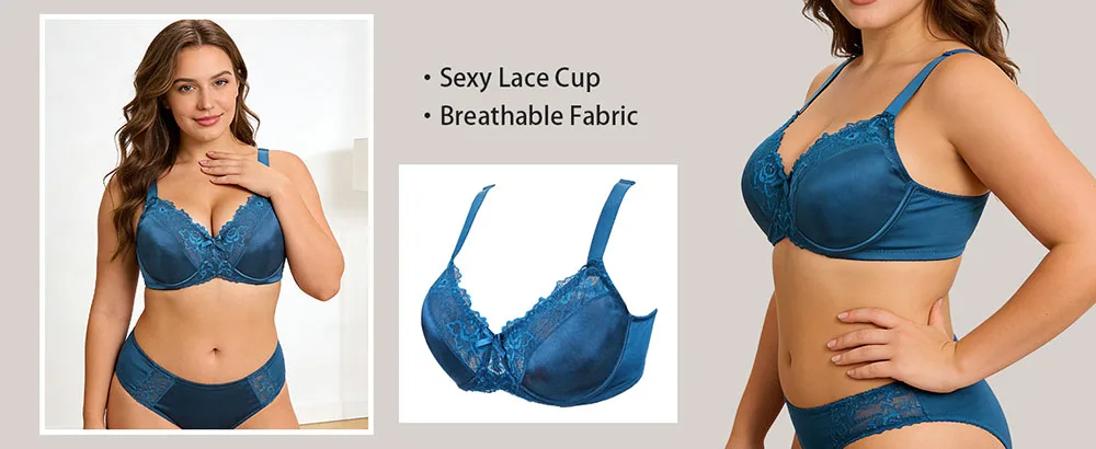 Sheroine Plus Size Floral Lace Underwire Bra, Minimizer Full Coverage Non Padded Cup for Everyday Support & Comfortable Wear