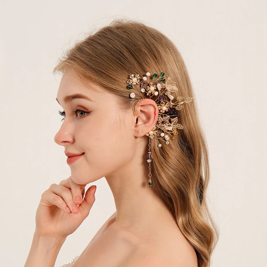 

1PCS Chic Ear Cuff Baroque Leaf Cosplay Fairy Earring Clips for Women Girls Wedding Earcuff Jewelry Beads Weave Errings