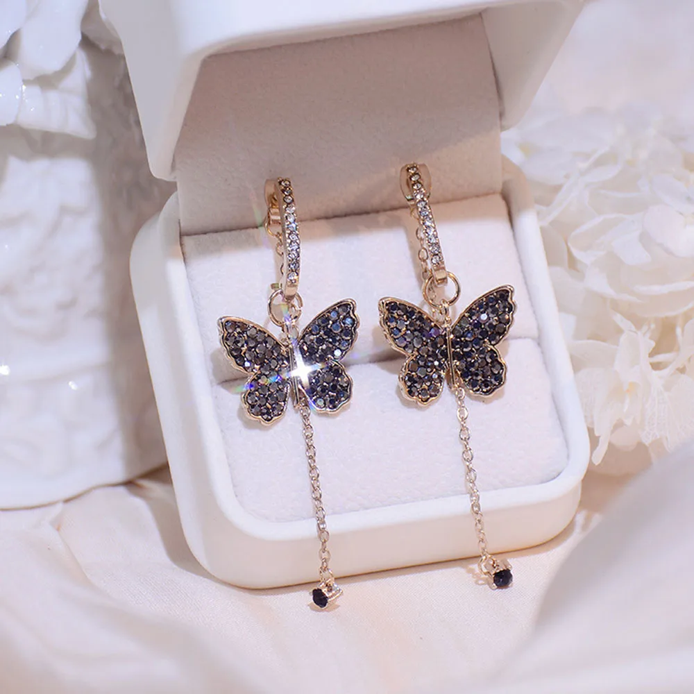 Korean Exquisite Butterfly Drop Earrings For Women 2022 Trending Elegant Rhinestone Trendy Chain Earrings Vintage Wedding Gifts