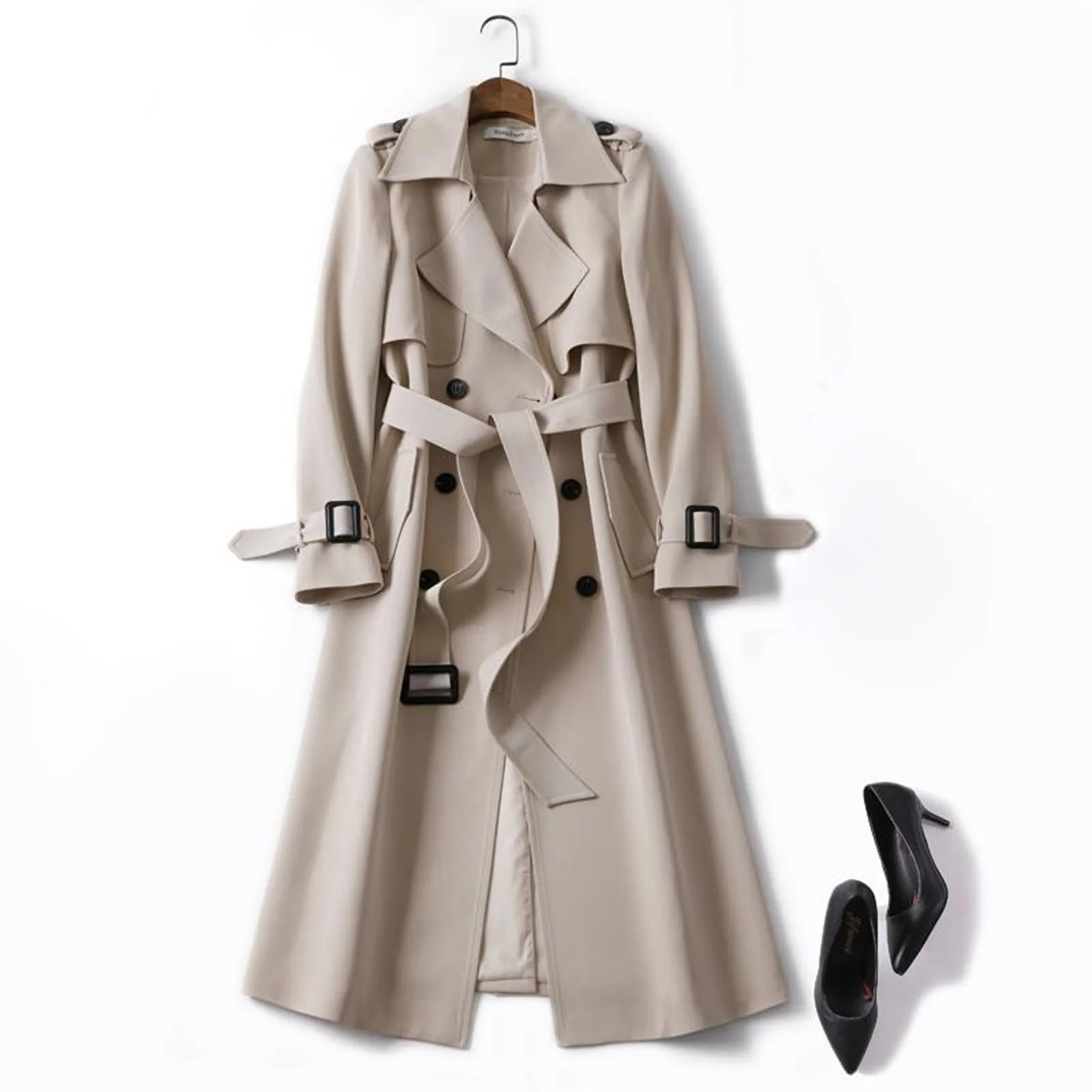 Manteau Décontracté Double Boutonnage Femme - Trench Coupe Vent Printemps Automne - Long Revers Couleur Unie