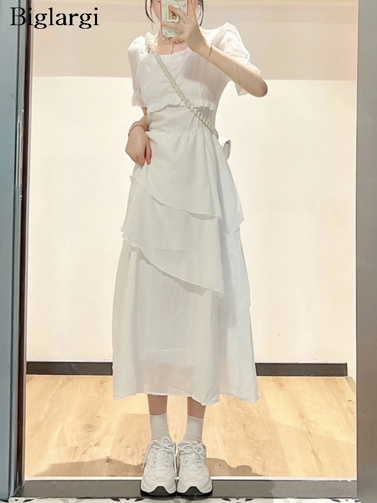 

Summer Midi Dress Women Irregular Ruffle Pleated Fashion Sweet Square Collar Ladies Dresses Korean Style High Waist Woman Dress