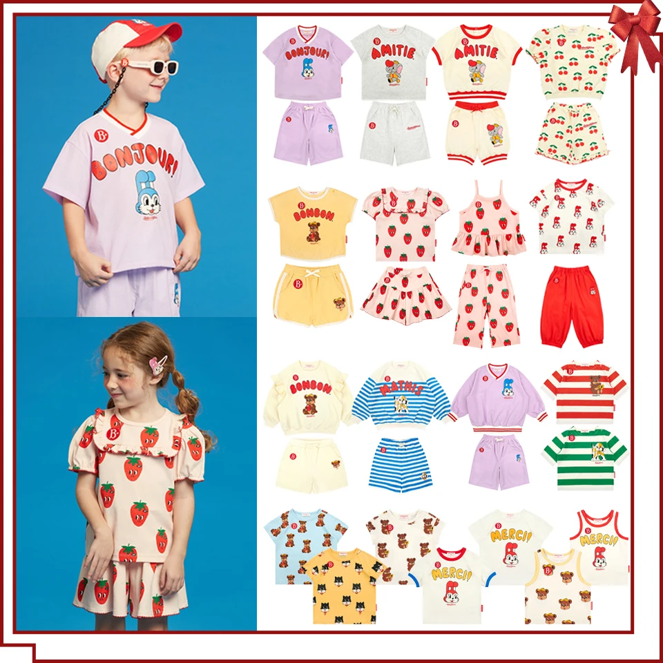 Summer Korean Children Clothes Set Bebe Girls Strawberry Print Vest Tee Boys Cartoon T-shirts Shorts Sweatshirts Tee Pants
