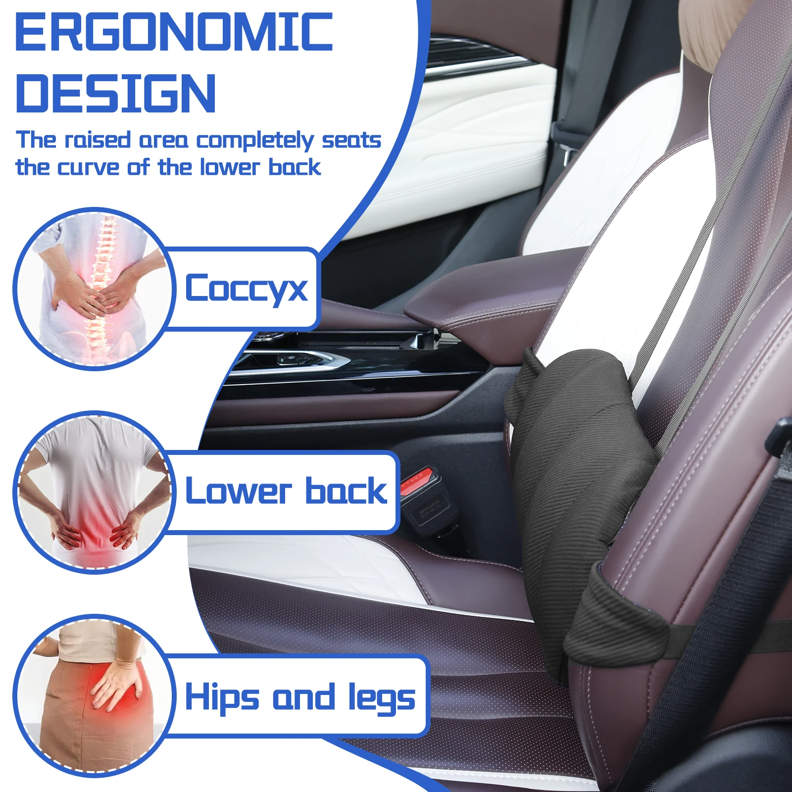 Car Lumbar Support Pillow Polyester and Memory Foam Car Seat Back Support with Adjustable Elastic Strap Car Interior Accessories