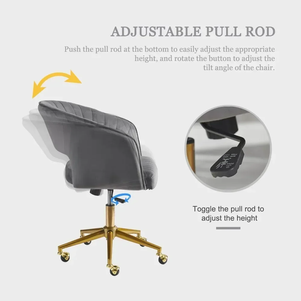 "wheeled grey velvet vanity chair with back support, suitable for home office, living and bedroom settings"