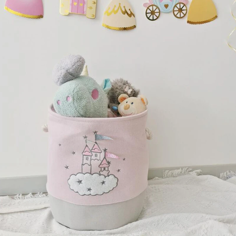 Large Pink Laundry Basket Kids Toys Storage Basket with Handles Fabric Foldable Cute Cartoon Castle Nursery Hamper Gift Basket 2
