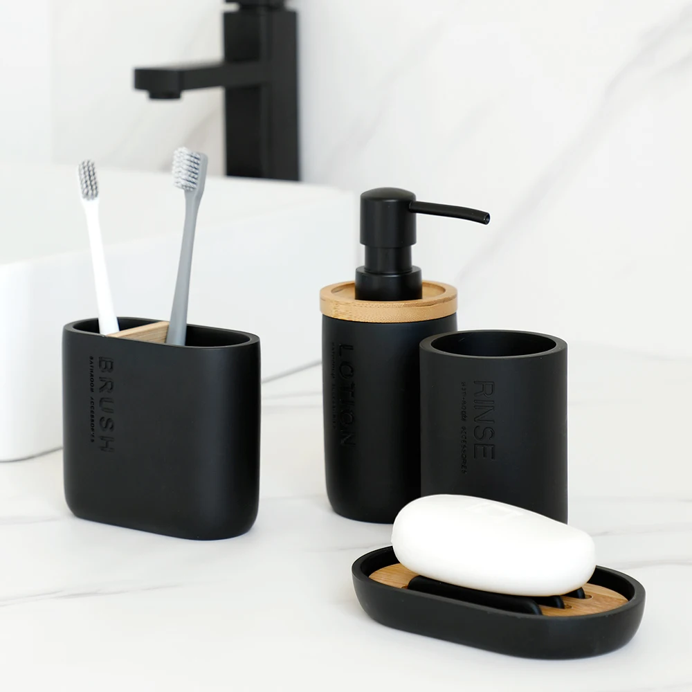 Bathroom Accessories set Soap Lotion Dispenser Toothbrush Holder Soap Dish Tumbler Pump Bottle Cup Wood Black or White soap dispenser,bathroom accessories set