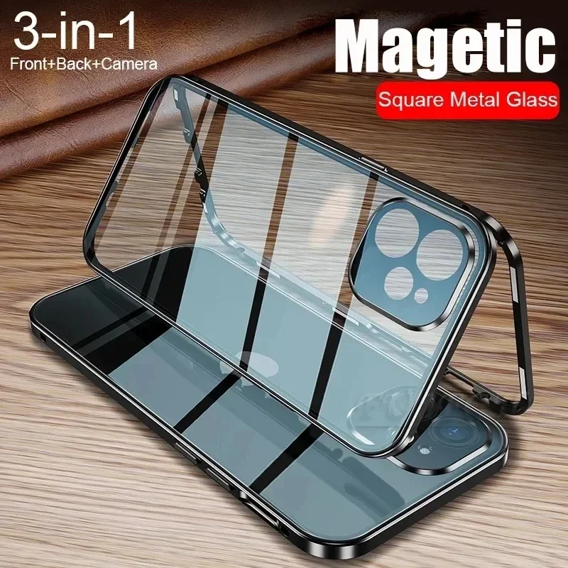 Sleek Magnetic Double-Sided Glass Phone Case with Metal Frame and Camera Lens Protection