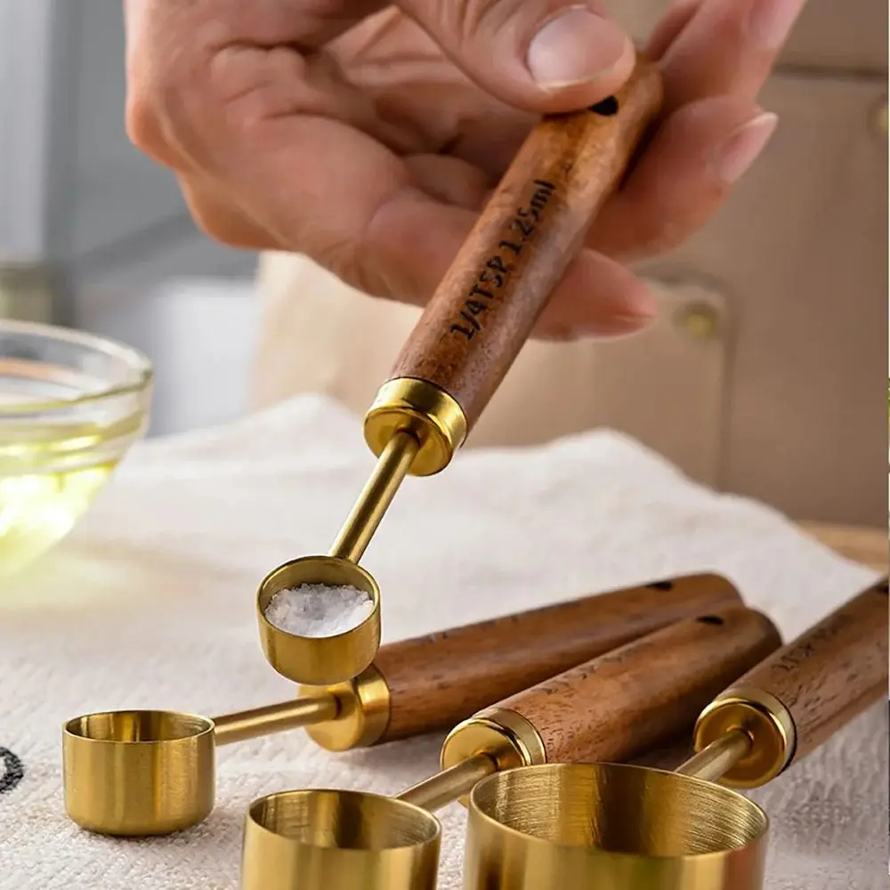 Kitchen Measuring Spoons and Cups Set Wooden Handle Stainless Steel Baking Tools Coffee Measuring Spoon Bartending Scale Accessories
