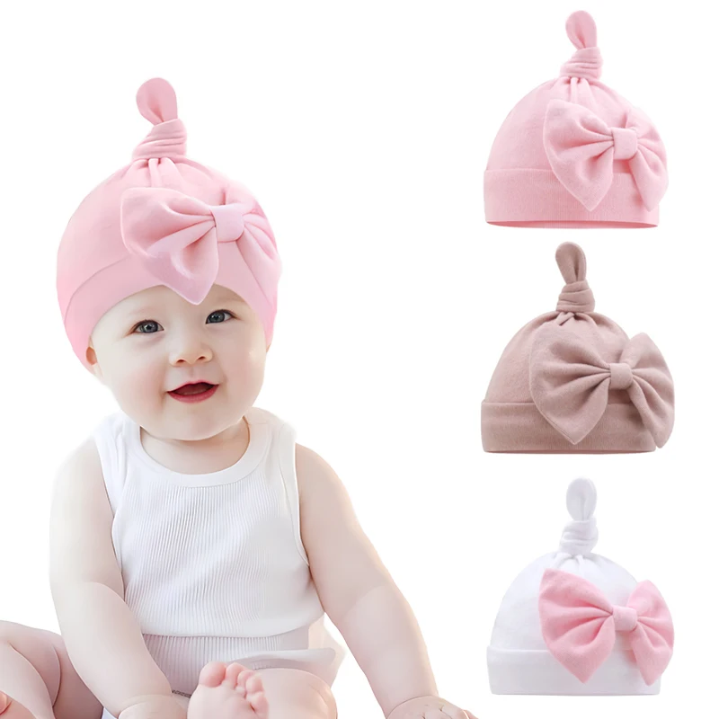 

Newborn Baby Cotton Hat with Large Bow Infant Hospital Hat Baby Warm Beanie Bows for Headwear Soft Headwrap Turban Head Wear