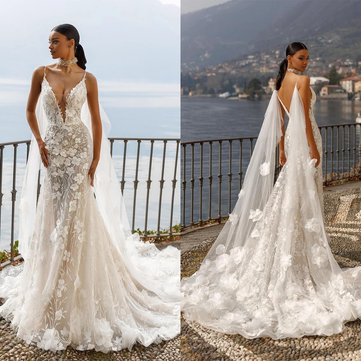 

Sexy Spaghetti Straps Wedding Dresses Deep V Neck Bridal Dresses Lace Applique Sweep Floor vestidos de novia Custom Made