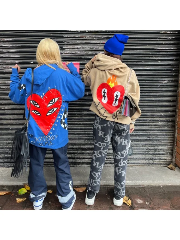 

Street Harajuku Retro Personality Hooded Sweater Casual American Street Love Print Color Contrast Top 2024 Autumn Winter Women's