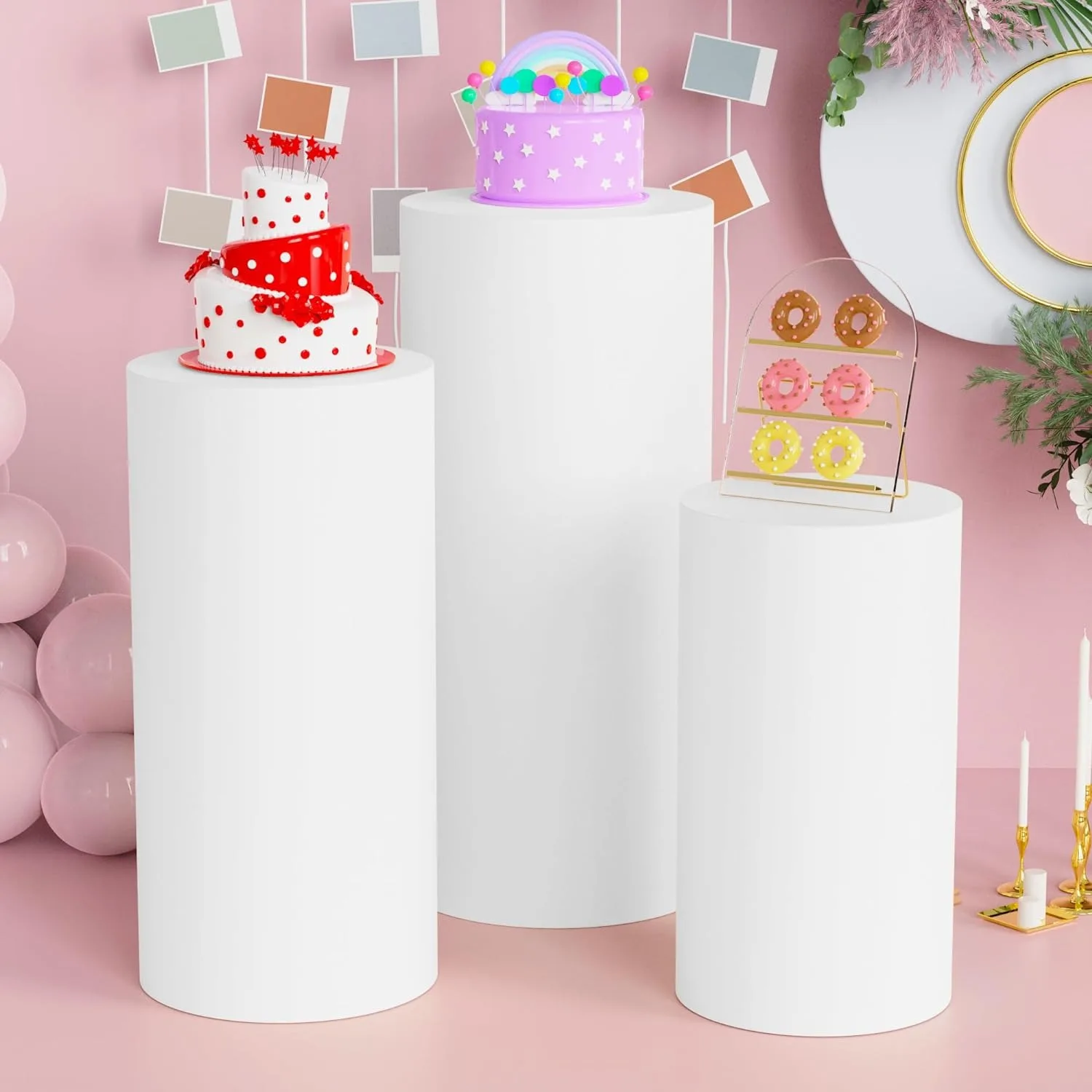 Spandex Cylinder Pedestal Covers White Pink Beige Color Wedding props Elastic Spandex Fabric Dessert Stands Cover 5PCS&3PCS cylinder covers