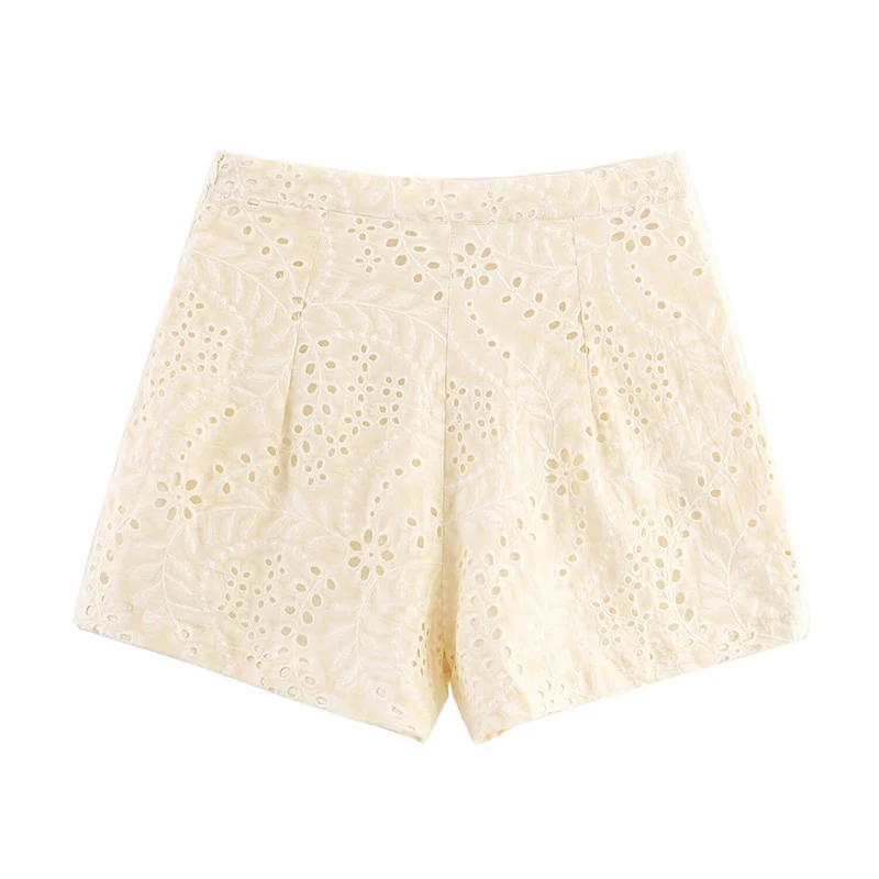 Bermuda Shorts 2 Pieces Sets For Women 2025 New Fashion Hollow Out Embroidery Shirt Top Shorts Set Casual Woman Outfits