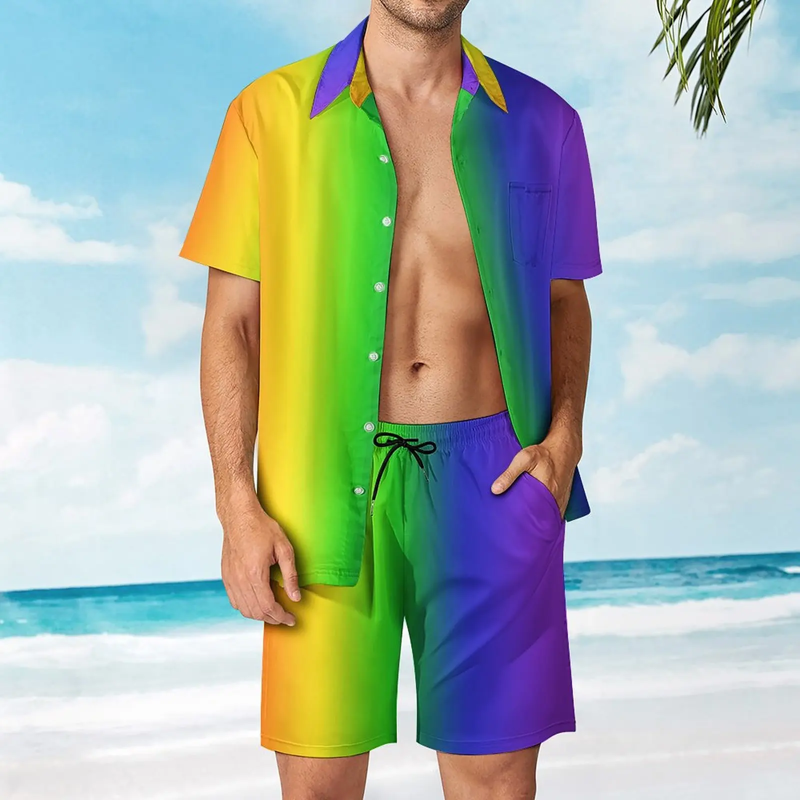 

Rainbow Gradient Men's Beach Suit Graphic 2 Pieces Coordinates High Quality Leisure Eur Size