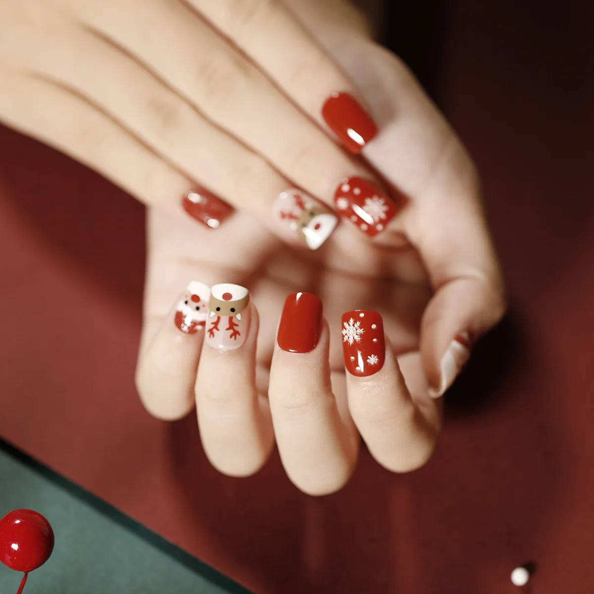 Christmas Elk & Snowman Print Press-On False Nails - 24 Pcs
