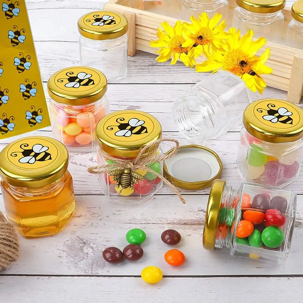 20 pack 1.5oz Mini Glass Honey jars Small Hexagon Honey Jars with Dipper Empty Glass Jars for Baby Shower Wedding Favors Party F glass honey jars