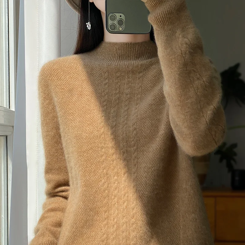 

High-end woolen sweater women's half turtleneck bottom pullover 100 pure woolen sweater with thick knit sweater